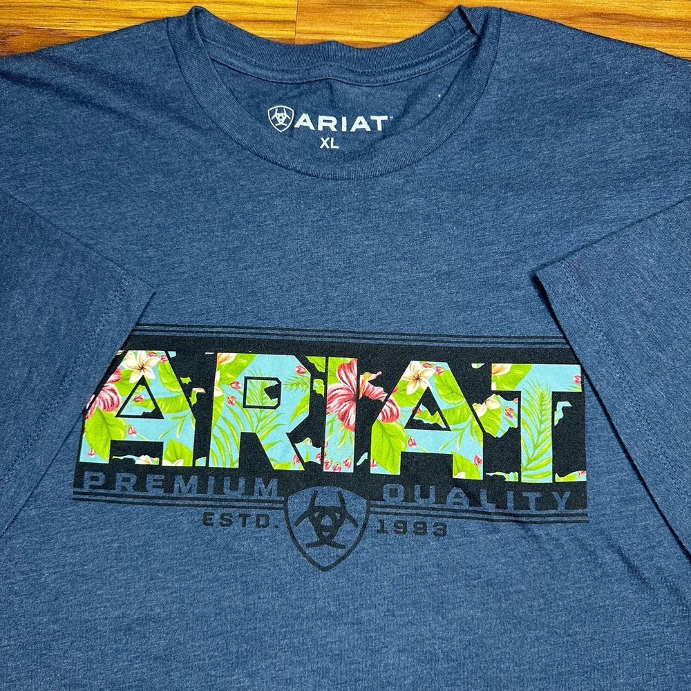 Ariat T-Shirt Mens XL Heather Blue Premium Hawaiian Floral Logo Western Workwear